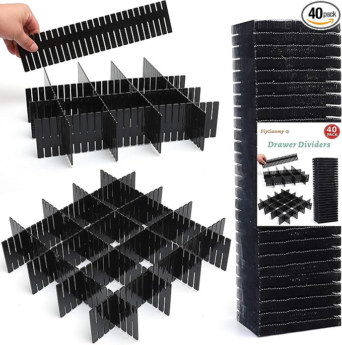 40Pcs Drawer Dividers, Adjustable Drawer Organizer for Socks, Underwear, Makeup, Can Help Tidy Kitchen, Bedroom, Dresser Black