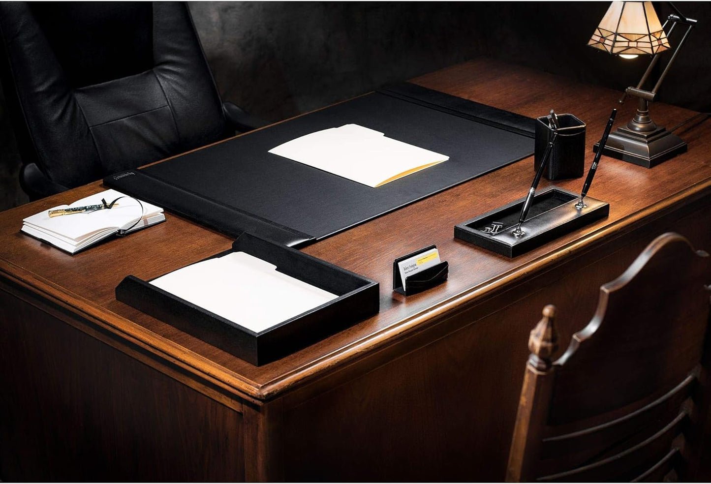 Dacasso Classic Leather Desk Pad with Side Rails - Luxury Leather Desk Blotter for Writing - Padded Executive Desk Surface Protector - (Black, 34” x 20”)