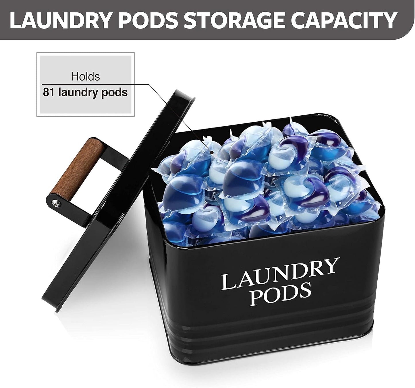 Calindiana Modern Farmhouse Metal Laundry Pods Holder with Lid - Space Saving Organization, Holds 81 Pods, Black