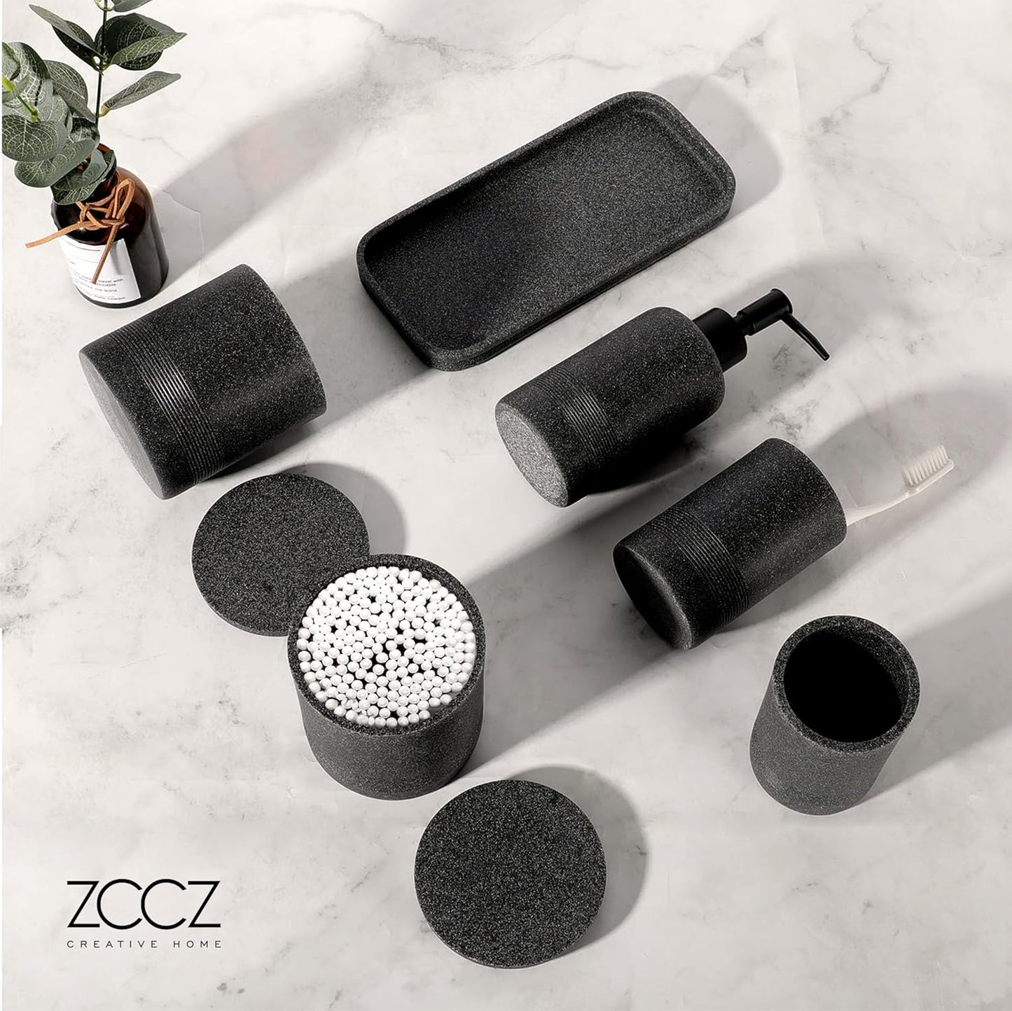 ZCCZ Black Stone Bathroom Accessories Set 6 Pieces - Toothbrush Holder, Lotion Dispenser, Qtip Container, Vanity Tray, Tumbler - Countertop Organizer for Bathrooms - Elegant and Functional Décor Set