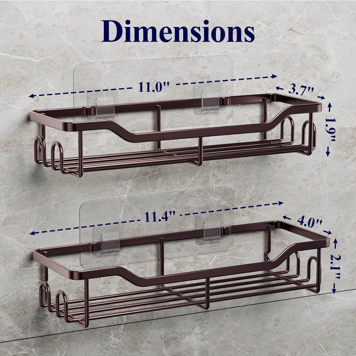 Kitsure Shower Caddy Large - Adhesive Shower Organizer, Stainless Steel Shelf for Inside Shower, No Drill Bathroom Organizers and Storage, Home Decor Accessories, 2 Pack, Brown