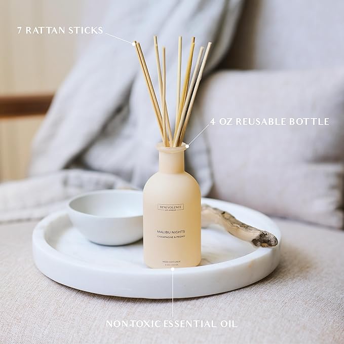 Benevolence LA Reed Diffuser - Champagne & Peony | Luxurious Home & Bathroom Decor | Long-Lasting Scent Diffusers for Home - Malibu Sands Collection