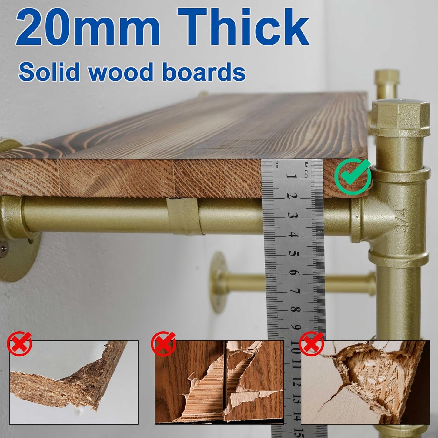 WEBI Wall Mounted Clothes Rack with Shelf,24" Industrial Pipe Clothing Rack with Shelf with Hanging Rod,Heavy Duty Iron Garment Rack Bar,Retail Display Clothes Rod for Laundry Room,Closet,Gold