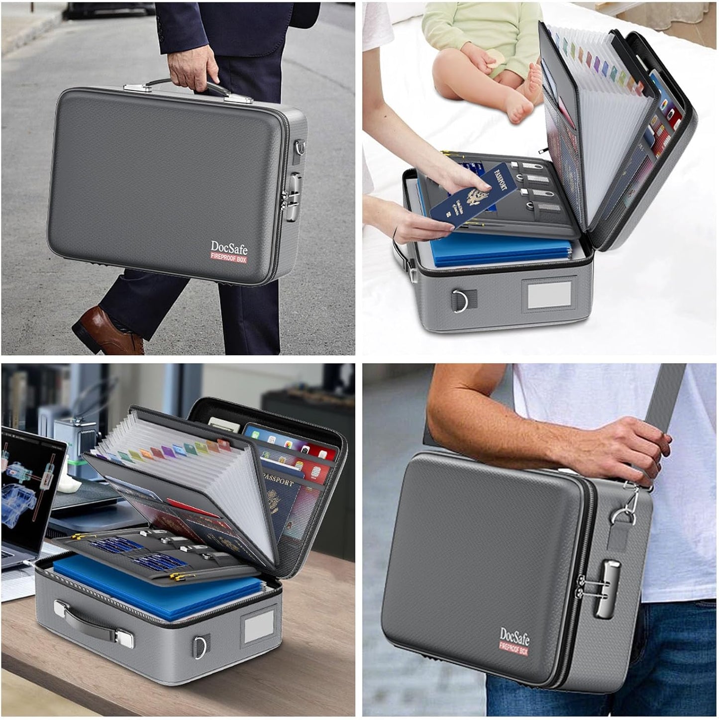 DocSafe Fireproof Document Box with Lock＆Shoulder Strap,Hard Case File Organizer with Accordion File Folder,Multi-Layer Portable Home Office Travel Safe Storage for Important Documents Laptop Gray