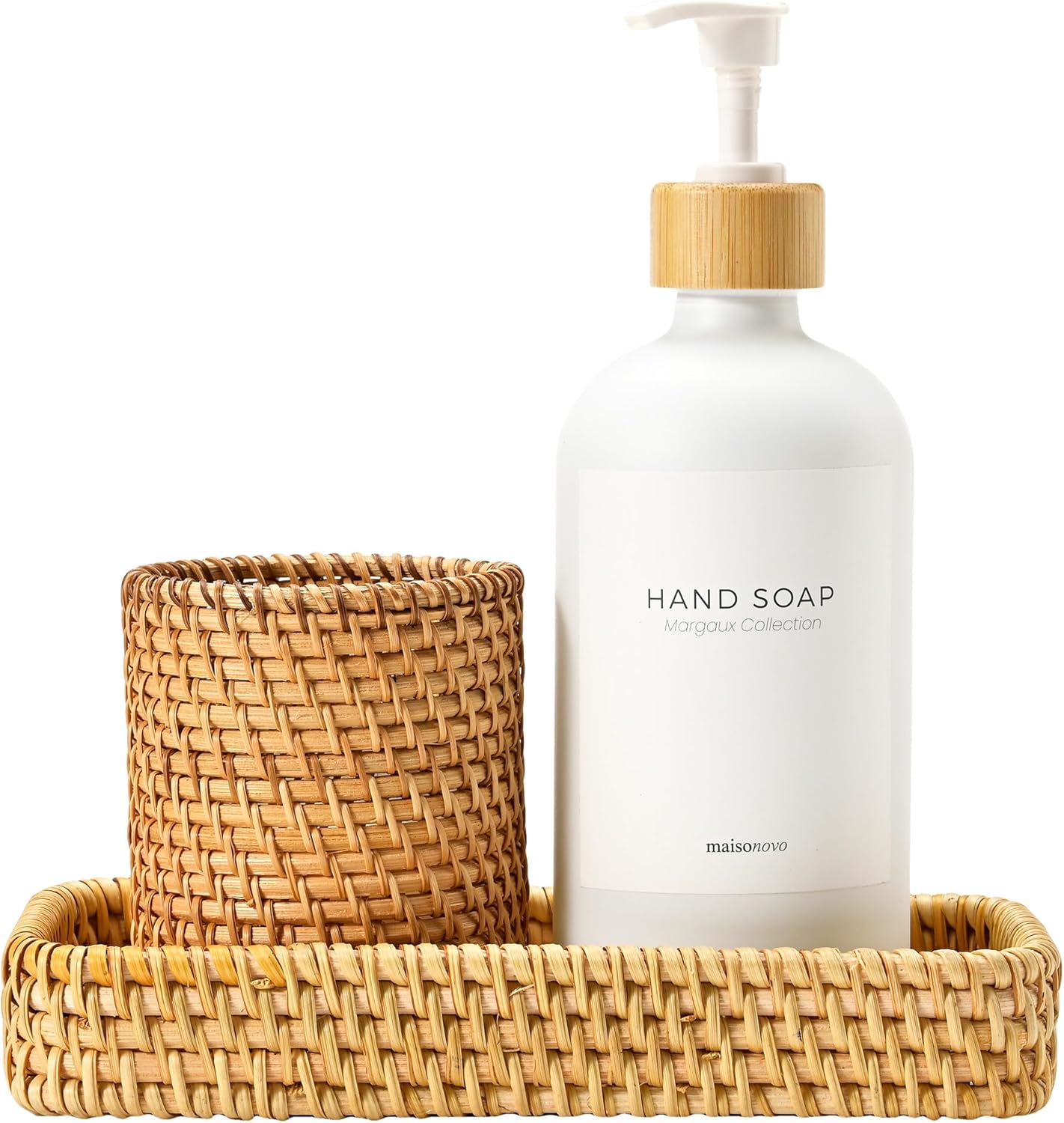 MaisoNovo Rattan Bathroom Set - White Countertop Dispenser, Toothbrush Holder & Toothpaste Cup with Tray - Set of 3 - Rattan Bathroom Vanity Trays Rectangle for Storage