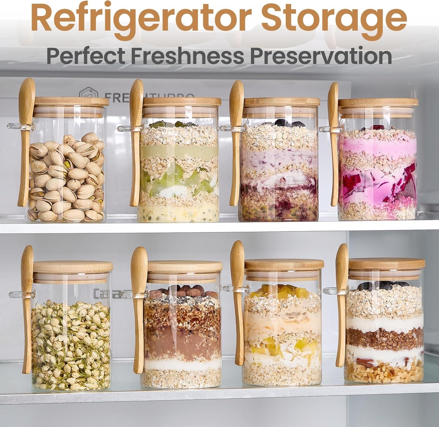 4 Pack Overnight Oats Containers with Bamboo Lids and Spoons - 22 oz Airtight Glass Jars with Lid, Meal Prep Jars for Chia Pudding, Yogurt, Salad, Cereal, Coffee, Flour | Food Storage Canister