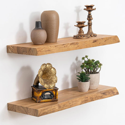 Floating Shelves, 8" Deep Rustic Solid Wood Wall Mounted Floating Shelves, Wall Shelves with Invisible Bracket for Living Room Bathroom Bedroom Kitchen, 24 Inch Set of 2, Natural
