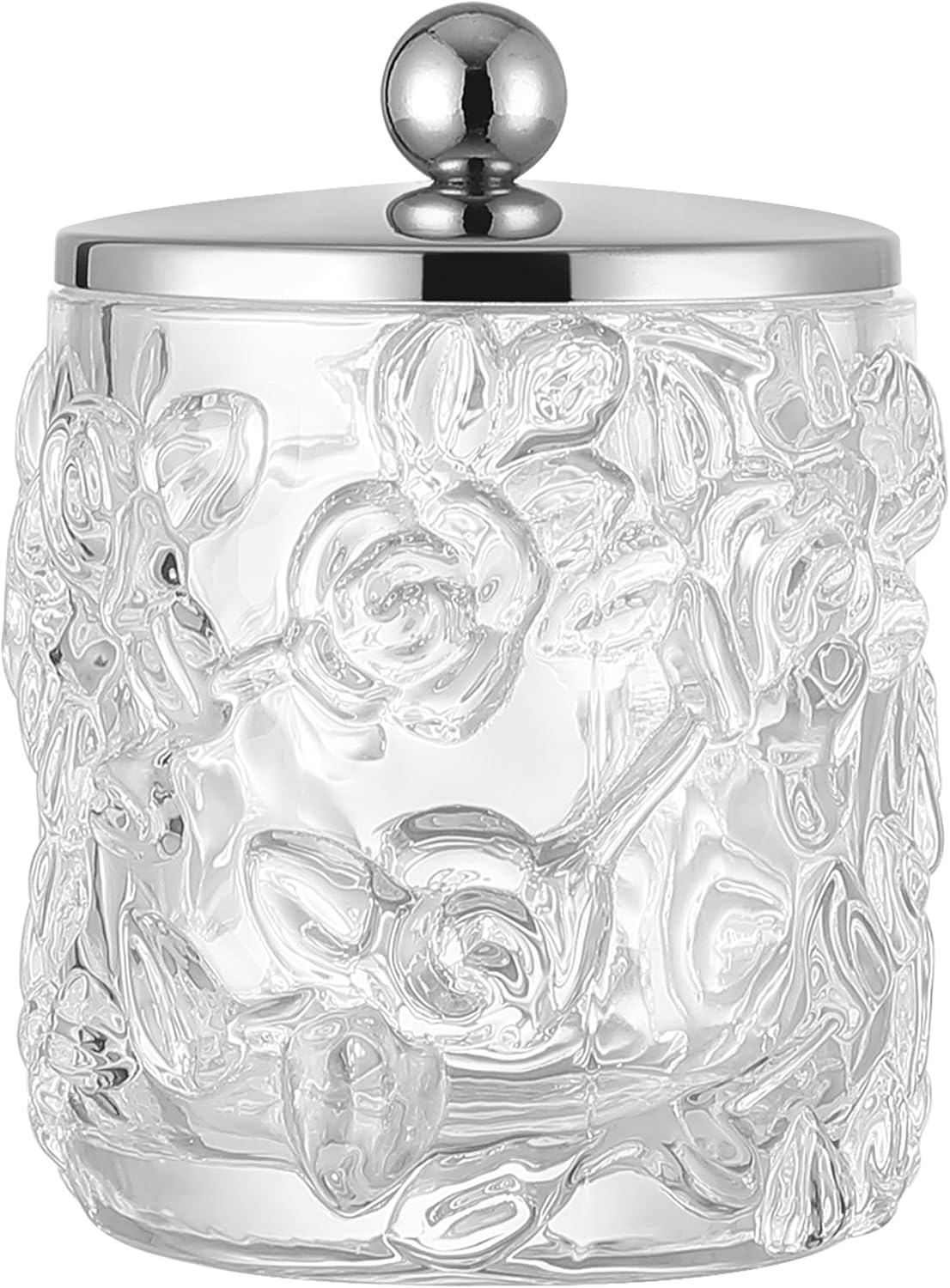 Clear Transparent Apothecary Floral Embossed Glass Jar With Silver/Chrome Metal Lid Cover for Bathroom Organization, Cotton Balls, Q Tips, and Small Accessories, Bathroom Storage
