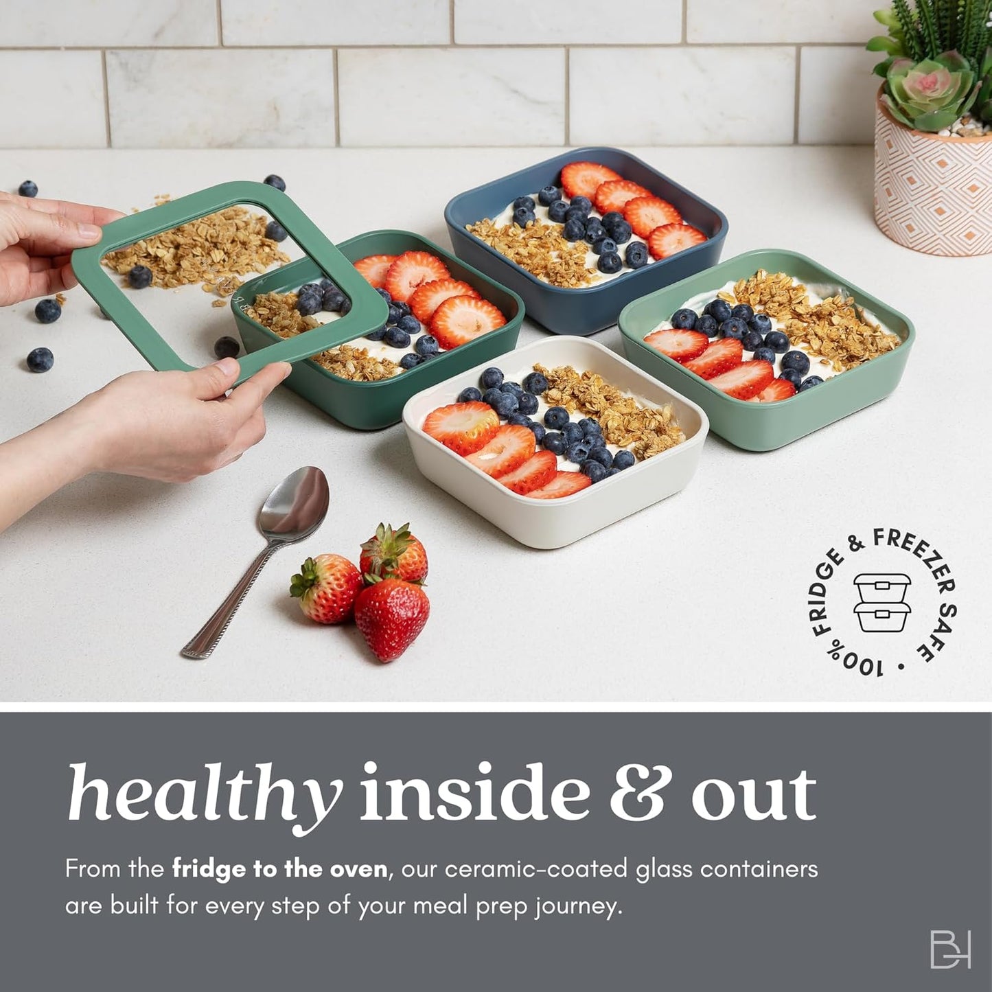 Ceramic Coated Glass Food Storage Container | No PTFE, PFOA, PFAS, and BPA | Reusable Non Toxic Meal Prep Container with Glass Lid | Easy To Store | 8 Cup Square [Crema]