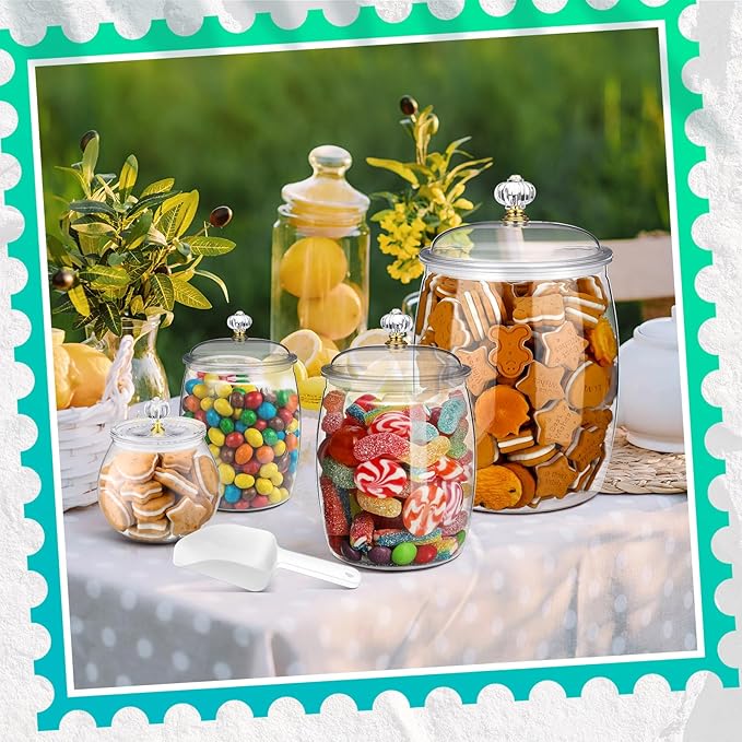 Nuogo 4 Pcs Plastic Candy and Cookie Jars with Lids Clear Cookie Container Candy Jars Large Airtight Apothecary Storage Organization for Wedding Home Kitchen Bar(30/42/64/128 oz)