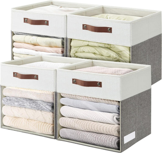 Storage Cubes, 4 Pack Linen Foldable Storage Bins (13 x 13 inch) with Clear Window and Handles, Fabric Organizer for Shelf Closet, Clothes, Books - (Gray and White)