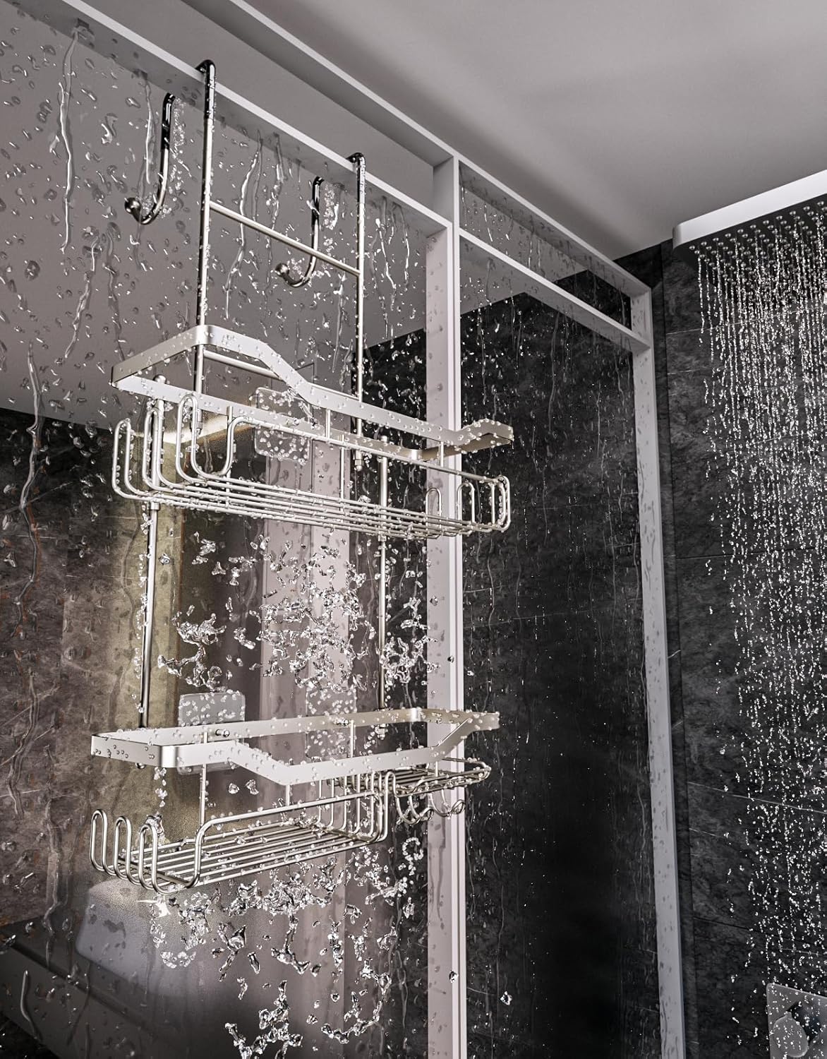 HapiRm Hanging Shower Caddy Over the Door with Soap Holder, No Drilling Adhesive Shower Organizer with 11 Hooks, Rustproof & Waterproof 304 Stainless Steel Bathroom Shelves - Brushed Nickel