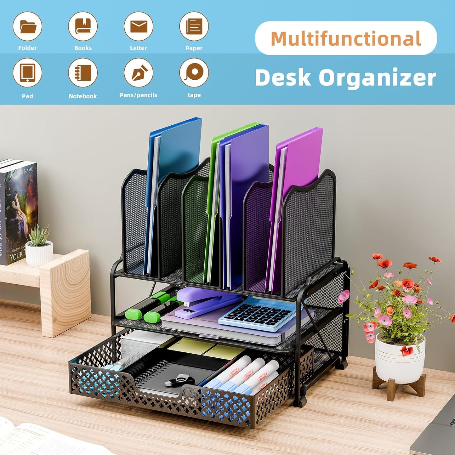 Simple Trending Mesh Desk File Organizer, Office Supplies Desktop Storage with Sliding Drawer, Double Tray and 5 Upright Section Sorter Organizer, Black