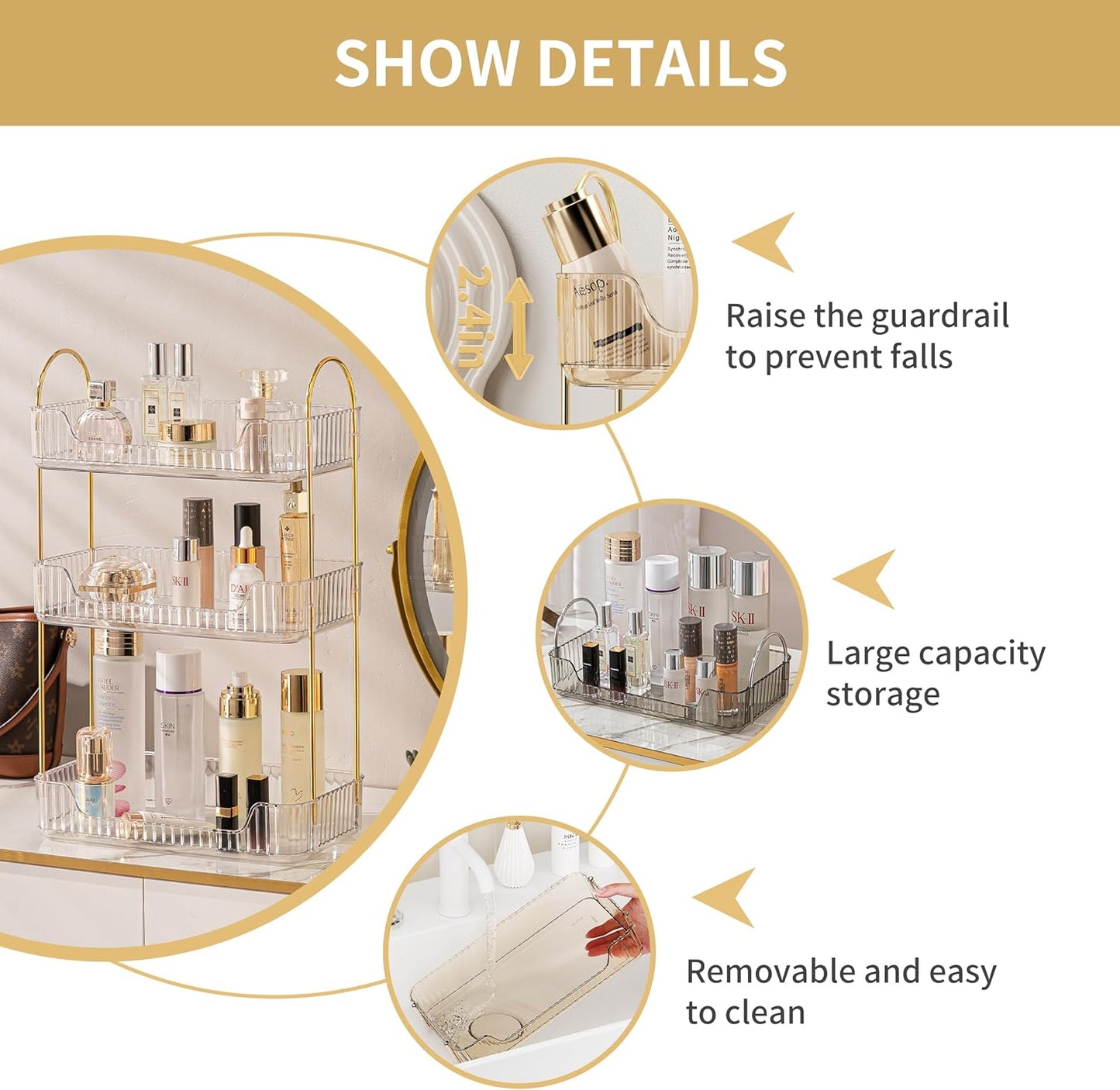 3 Tier Bathroom Organizer Countertop Makeup Perfume Tray Skincare Organizer for Bathroom Dresser Vanity (White)