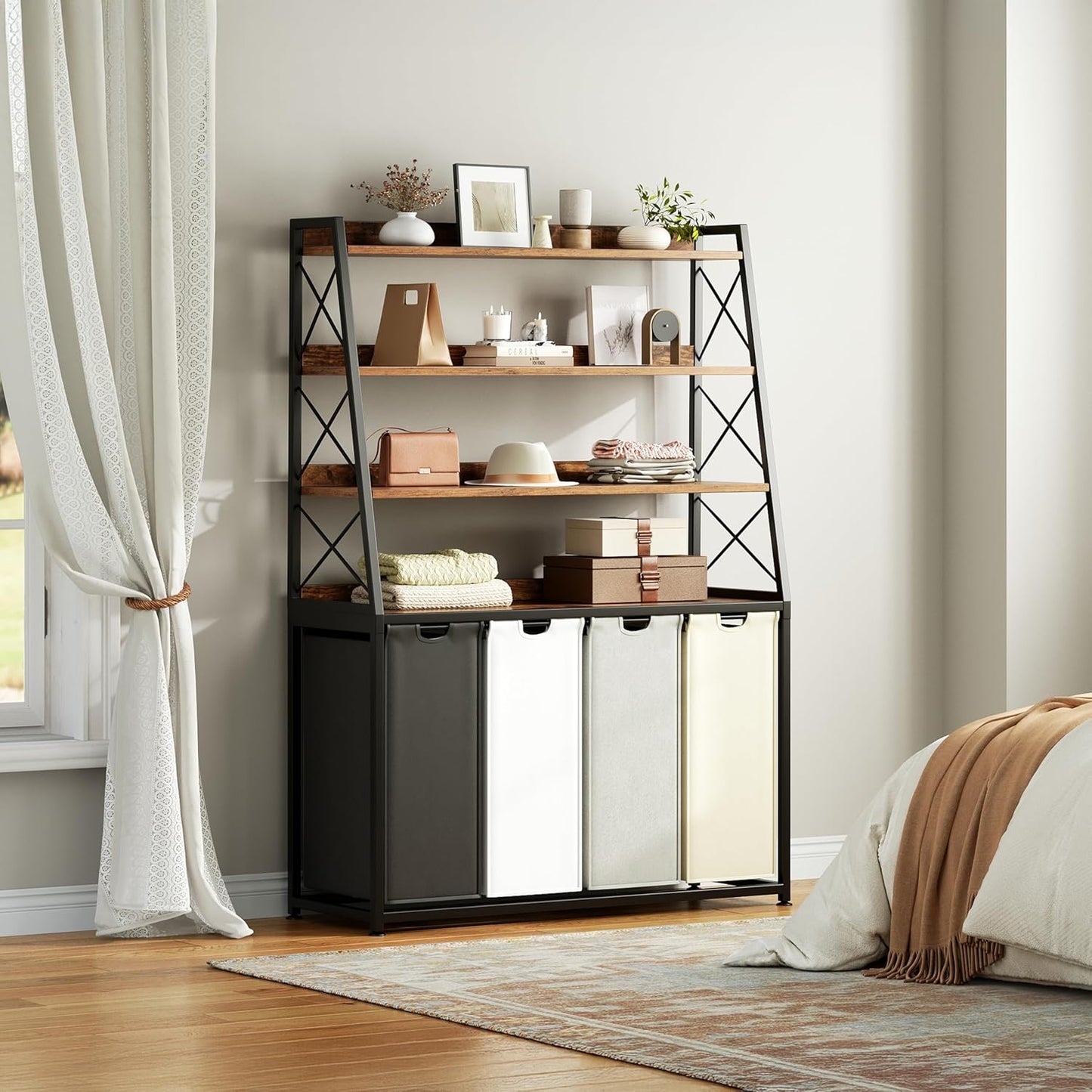 Laundry Basket, 4 Section Laundry Hamper with 4 Tiers Shelf, Pull-Out and Removable Laundry Bags, Large 4 x 15.87 Gallons, for Laundry Room Bathroom Rustic Brown PF12XLN