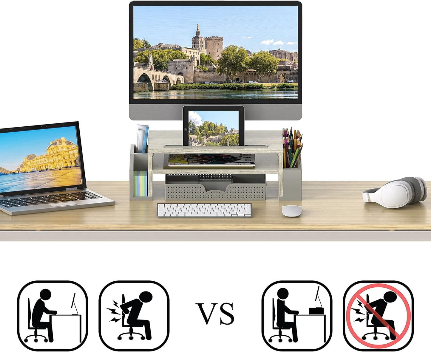 SIMPLE HOUSEWARE Desk Monitor Stand Riser with Adjustable Organizer tray, Maple