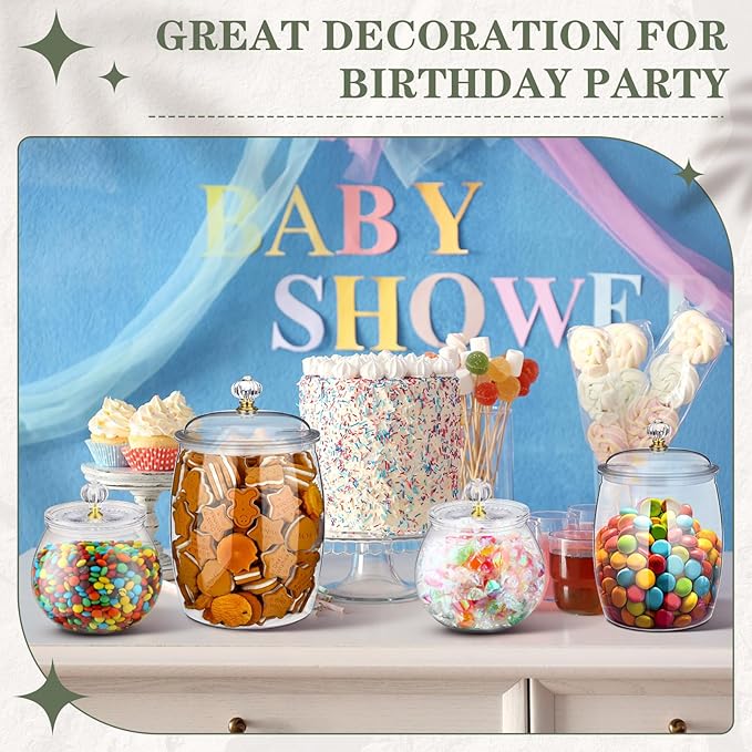Nuogo 4 Pcs Plastic Candy and Cookie Jars with Lids Clear Cookie Container Candy Jars Large Airtight Apothecary Storage Organization for Wedding Home Kitchen Bar(30/42/64 oz)