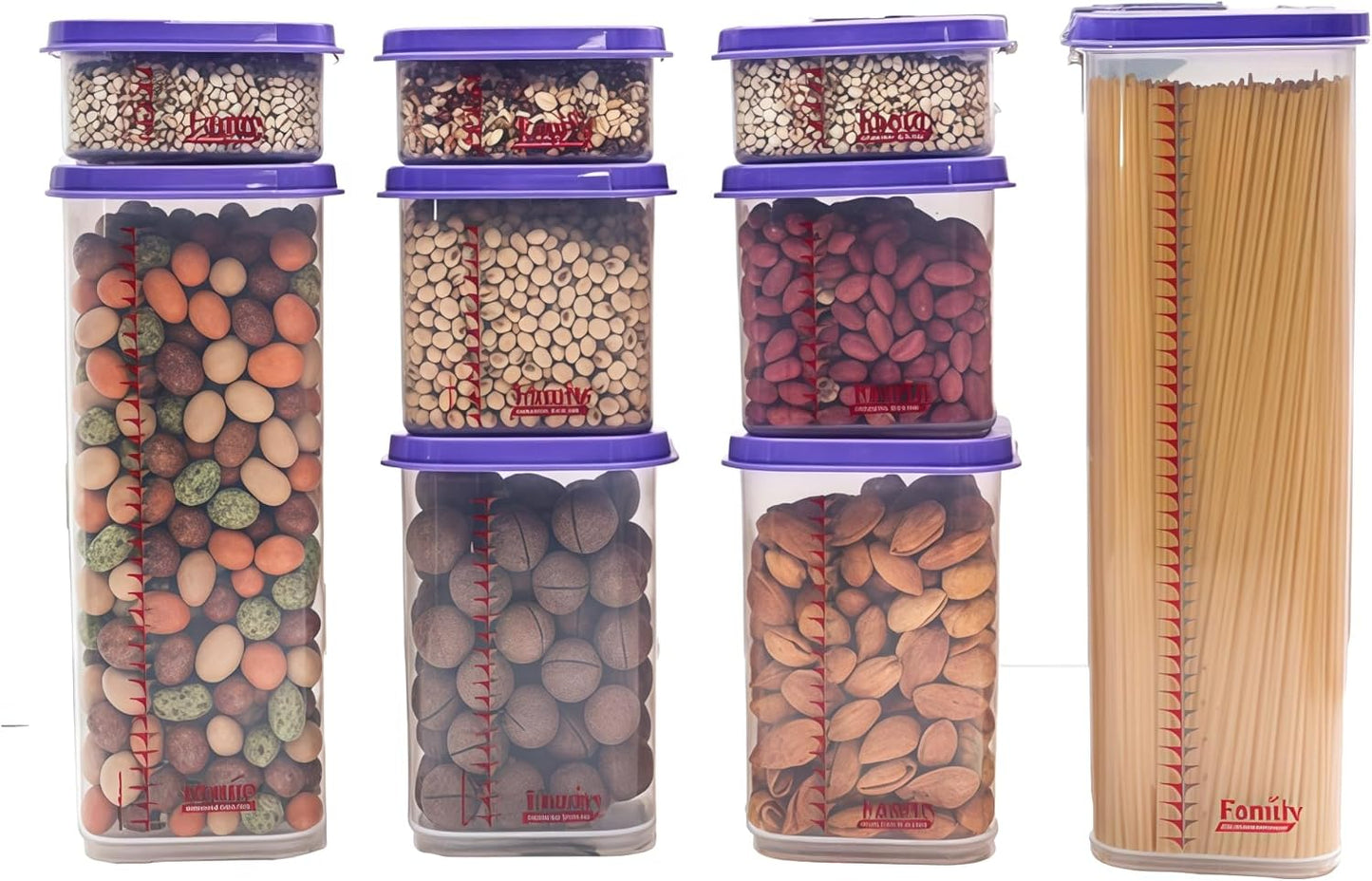Airtight Food Storage Container With Lids 9PCS Family Set, BPA-Free Food-grade Plastic Stackable Leak-proof Kitchen Pantry Organizers for Pasta, Nuts, Dry Goods, Snack,Modular Design (Purple)