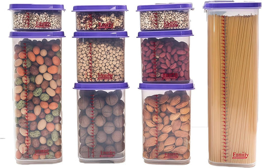 Airtight Food Storage Container With Lids 9PCS Family Set, BPA-Free Food-grade Plastic Stackable Leak-proof Kitchen Pantry Organizers for Pasta, Nuts, Dry Goods, Snack,Modular Design (Purple)