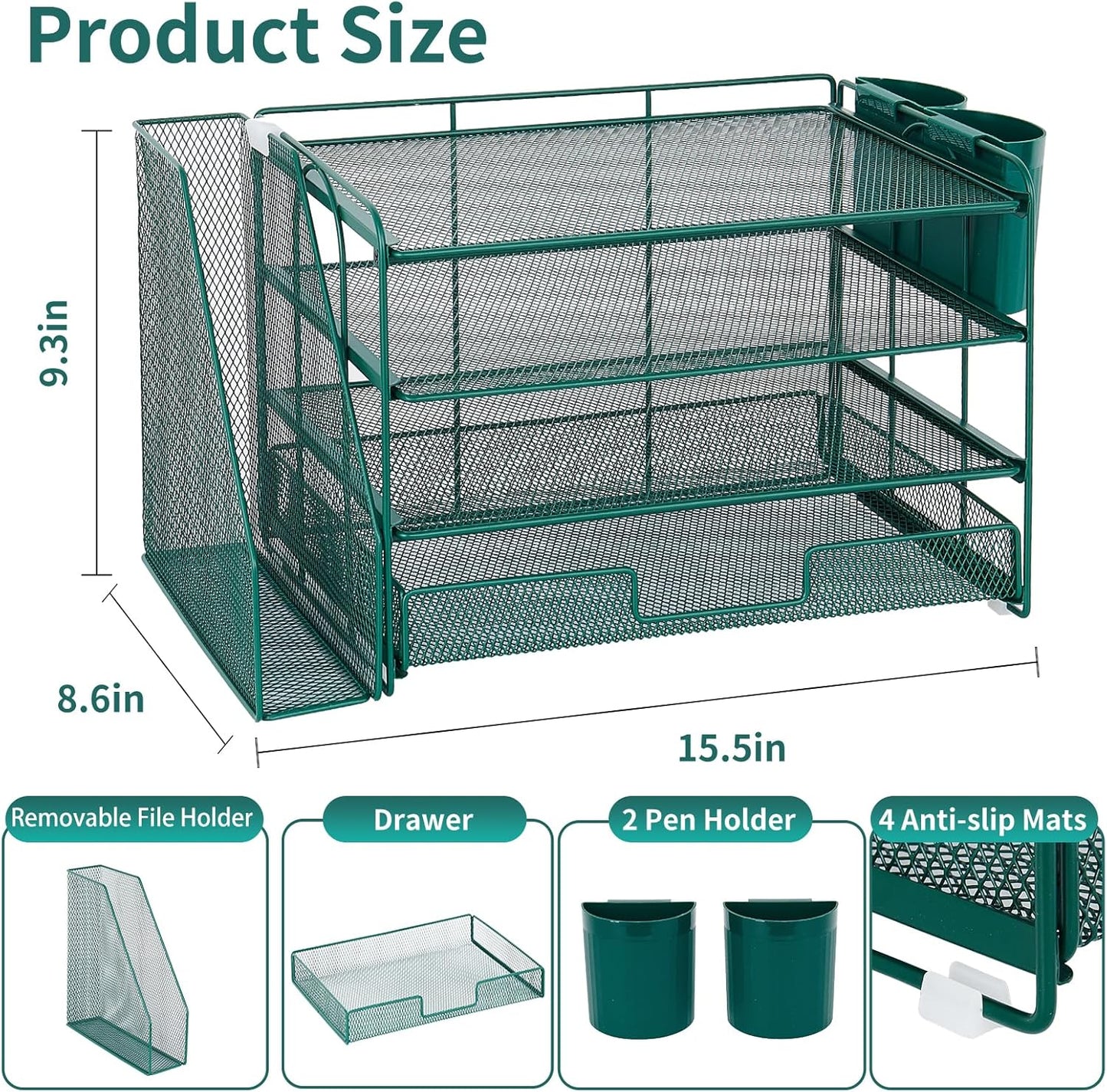 Desk Organizer and Accessories, 4-Tier Desktop File Organizer with Drawer and 2 Pen Holders, Office Desk Accessories, File Sorters, Workspace Organizers for Office Supplies(Dark Green)