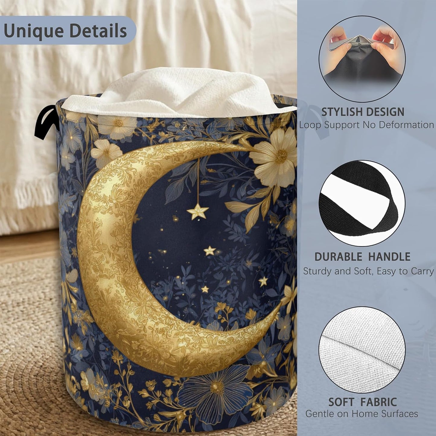 Golden Moon Laundry Basket,Flowers Foldable Oxford Cloth Tote Bag Laundry Hamper Clothes Storage Bucket Organizer for Bedroom Laundry Storage Dormitories 16" x 20.8"