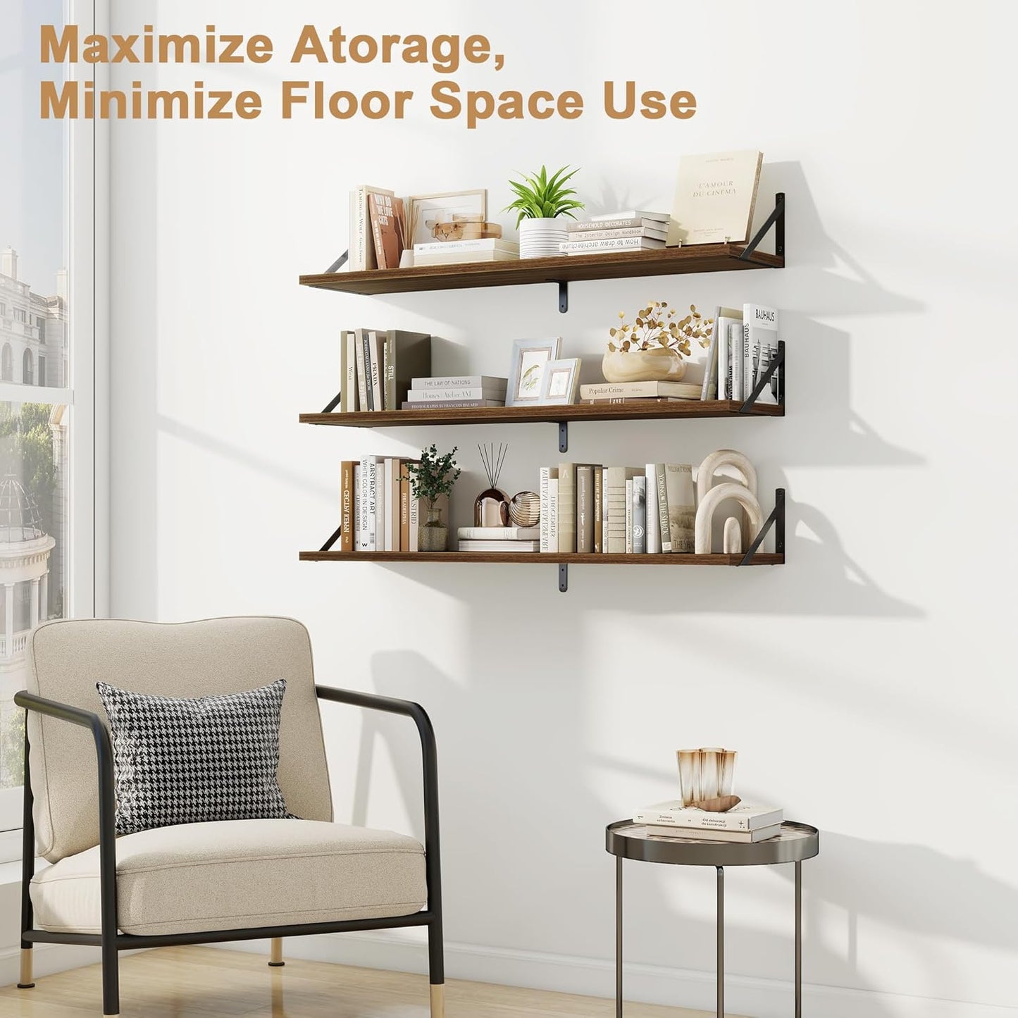 Fun Memories Long Wall Shelves for Bedroom, Set of 3 Large 40-Inch Floating Bookshelves, Rustic Wood Display Shelf for Home and Office (Walnut)