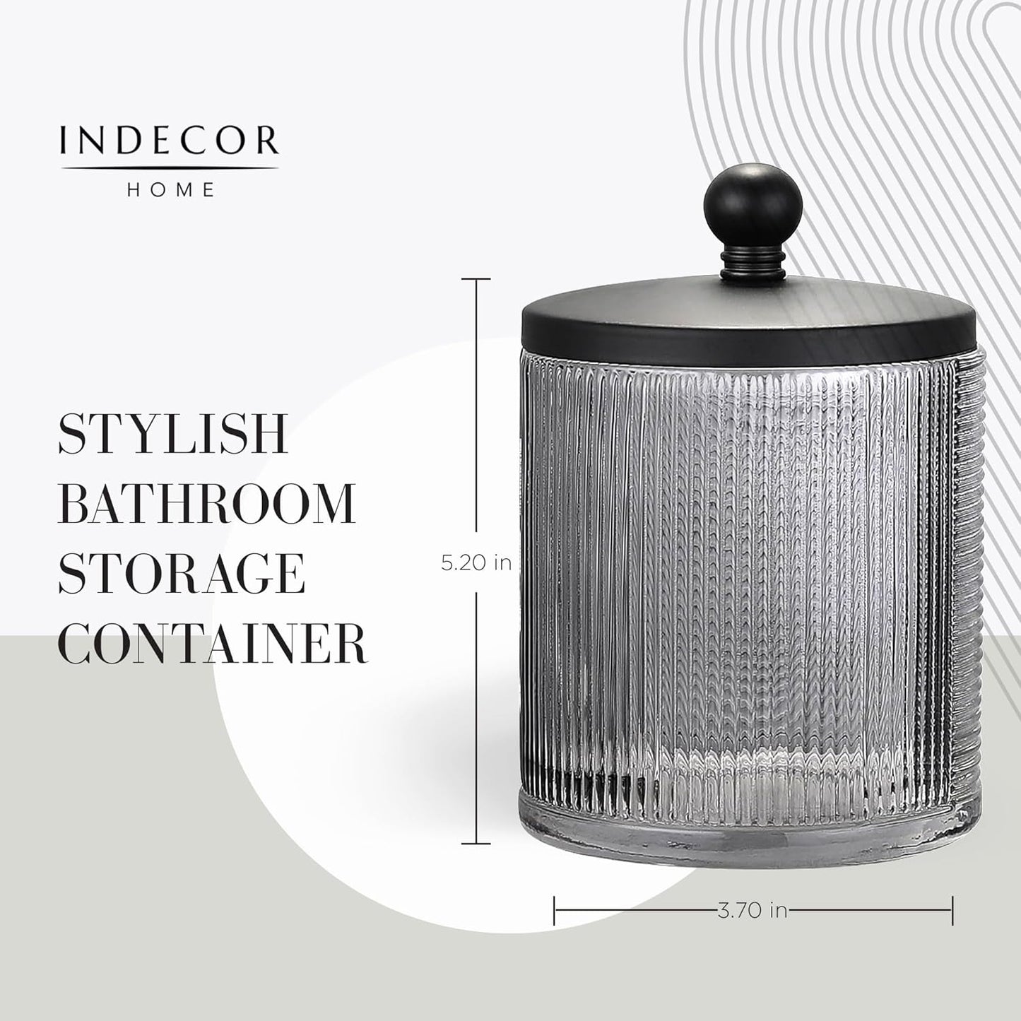 Gray Colored Tranlucent Apothecary Ribbed Geo Etched Glass Jar W/Matte Black Metal Lid Cover for Bathroom Organization, Cotton Balls, Q Tips, and Small Accessories, Bathroom Storage