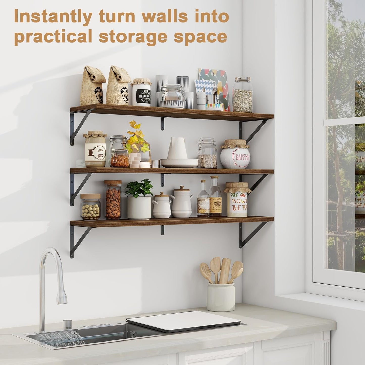 Fun Memories Long Wall Shelves for Bedroom, Set of 3 Large 40-Inch Floating Bookshelves, Rustic Wood Display Shelf for Home and Office (Walnut)