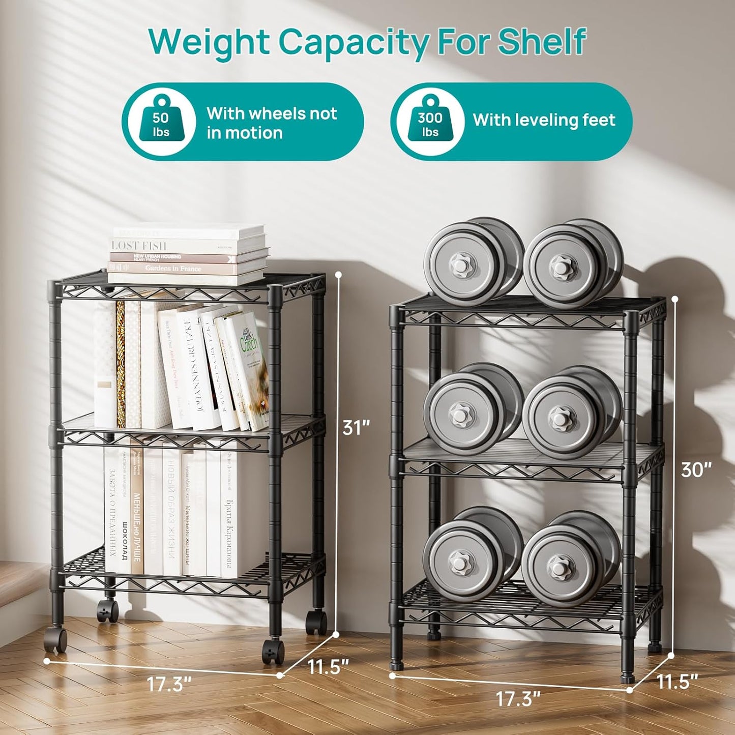 SINGAYE 3 Small Shelves Storage Shelf Wire Shelving Unit Metal Shelf Adjustable Organizers Storage Shelving with Wheels for Bathroom Laundry Room Kitchen Pantry11.5”D x 17.3”W x 30”H Black