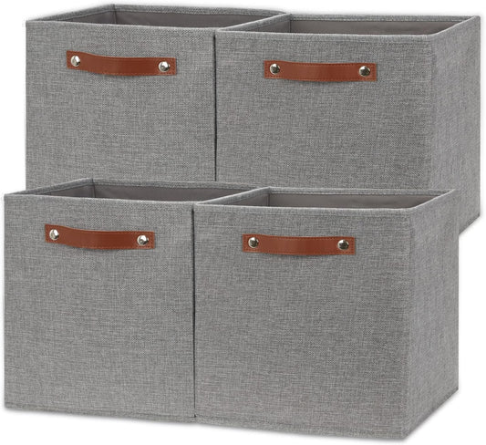 Temary 12x12 Storage Cube Bins 4 Pack Fabric Storage Cubes Storage Bins with Leather Handles, Storage Baskets Foldable Cube Organizers Bins for Home (Grey)