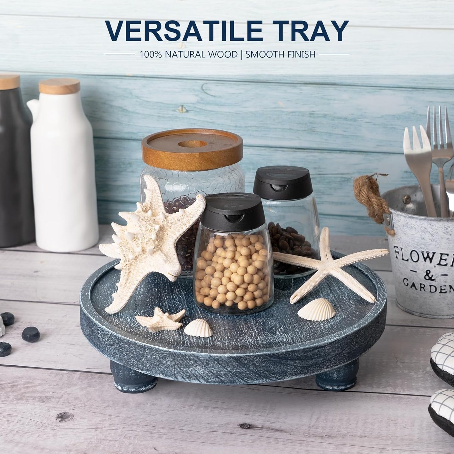 EOSAHR Decorative Display Risers for Living Room Decor - Farmhouse Wood Pedestal Stand for Kitchen Sink Organizer - Perfume Organizer for Bathroom Decor (Blue)