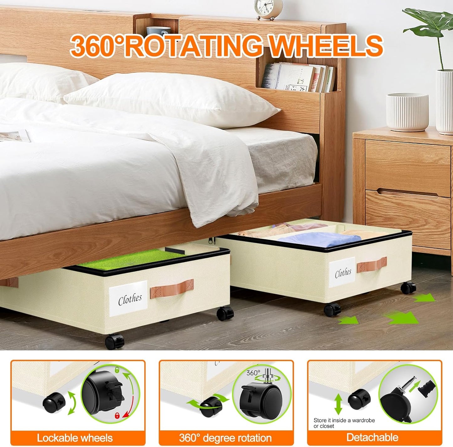 Under Bed Storage with Wheels, 2 Pack Under Bed Storage Containers with Dividers & Clear Lids, Under the bed storage Organizer Bins,Underbed Storage with Wheels for Clothes,Toys,Shoes (White, 2 Pack)