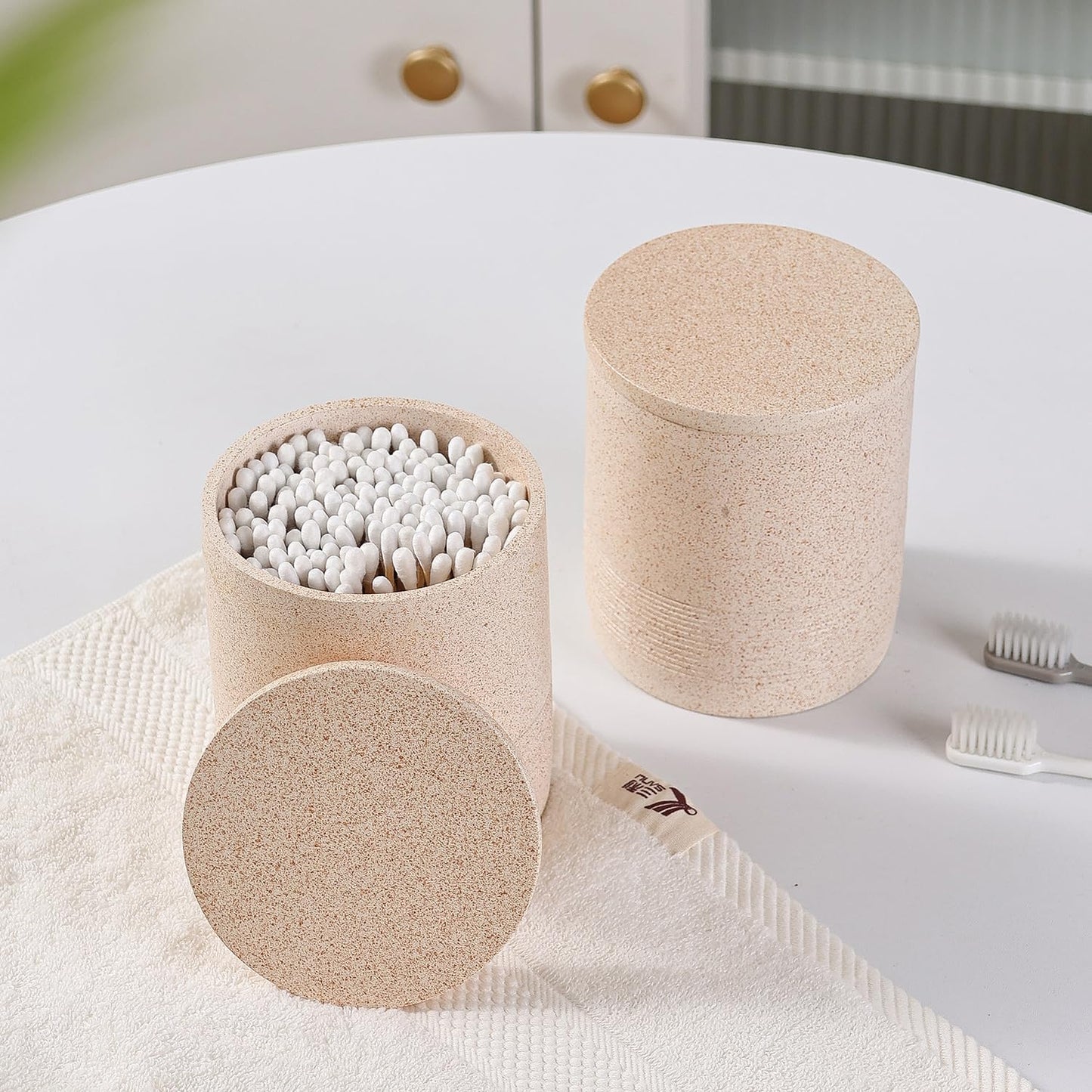 Bathroom Accessories Set, 6 PCS Modern Rustic Resin Bathroom Organizer Set, Toothbrush Holders Set, Soap Dispenser, Vanity Tray, Tumbler, Cotton Swab Jars (Beige)