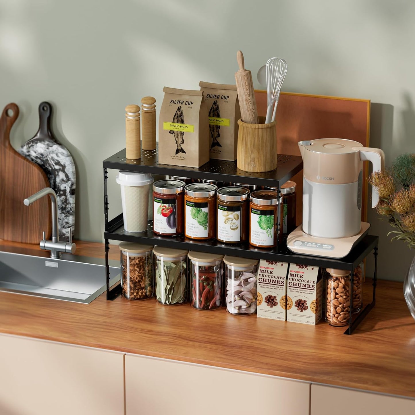 Adjustable Stackable Metal Storage Shelf Organizer - Expandable Wire Rack with Perforations for Kitchen, Pantry, Bathroom, Cabinet & Office-Compact, Durable & Sturdy (2PACKS/Medium/Black)