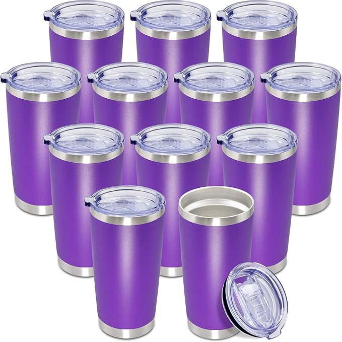 20 oz Tumbler Coffee Travel Tumblers Bulk with Lid Stainless Steel Double Wall Vacuum Insulated Mug Powder Coated Cups fit Car Cupholder for Hot and Cold - Purple, 12Pack