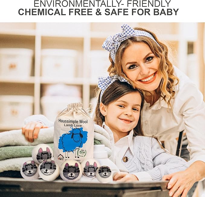 Wool Dryer Balls Organic Felt 6 Pack Laundry Fabric Softener, Extra Large Reusable Handmade Natural Sheep Wool Lint Wrinkle Free Anti Static Baby Safe (Cat)