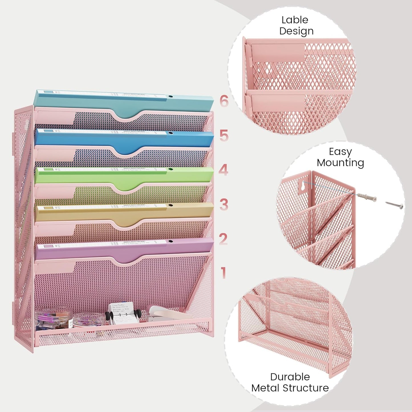 Hanging Wall File Organizer for Wall Mounted Mail Paper Folder Holder Document Organization Stand Desk File Organizer Tray for Office & Home Cubicle Countertop 6 Tier Pink