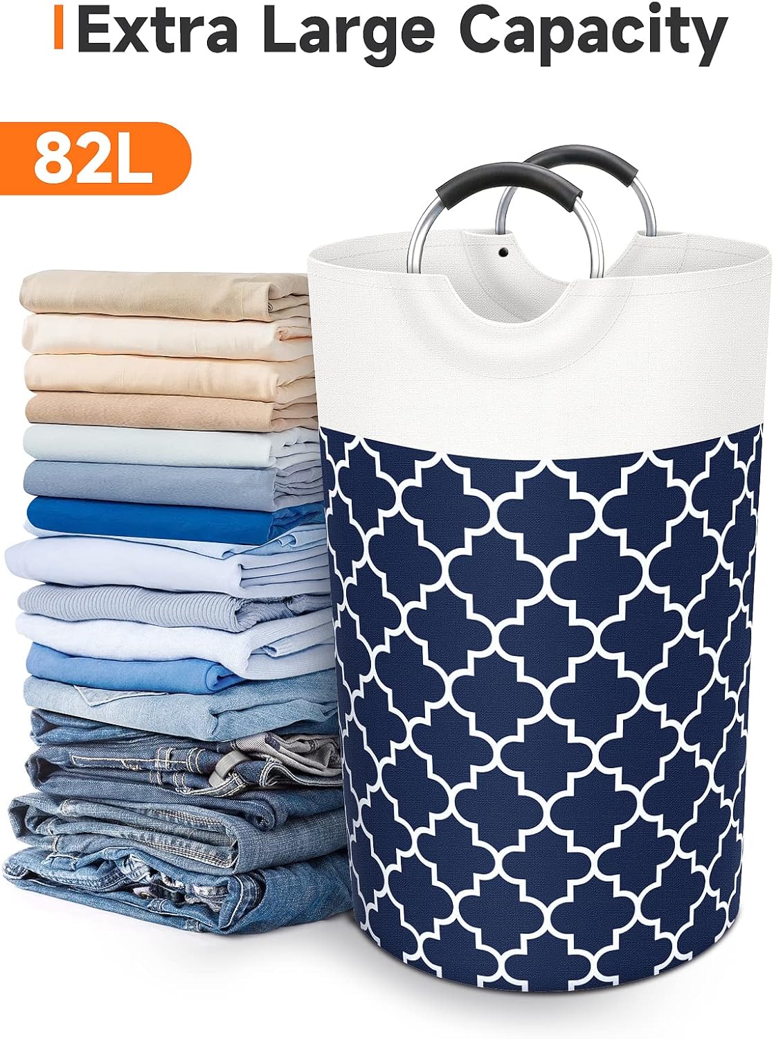Large Laundry Basket Laundry Hamper Bag Washing Bin Clothes Bag Collapsible Tall With Handles Waterproof Travel Bathroom College Essentials Storage For College Dorm, Family (Blue)82L