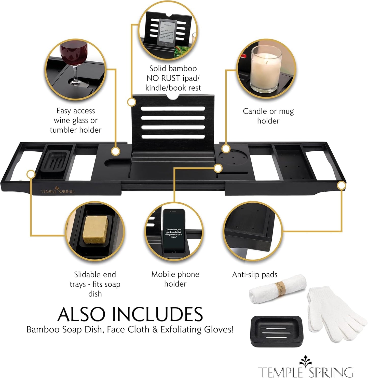 Temple Spring Wooden Bathtub Tray, Bamboo Bathroom Accessories, Bath Tray for Tub, at Home Spa Essentials, Board for Tub Table, Bath Caddy for Bathtub Accessories & Bathroom Essentials – Black