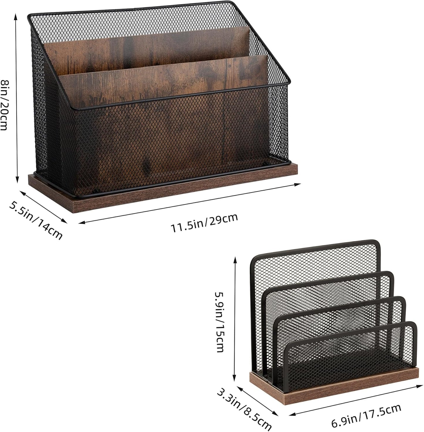 3-Tier Vertical File Storage with Retro Wooden Desk Mail Organizer and Metal Mesh Desktop Organizer for Home Office