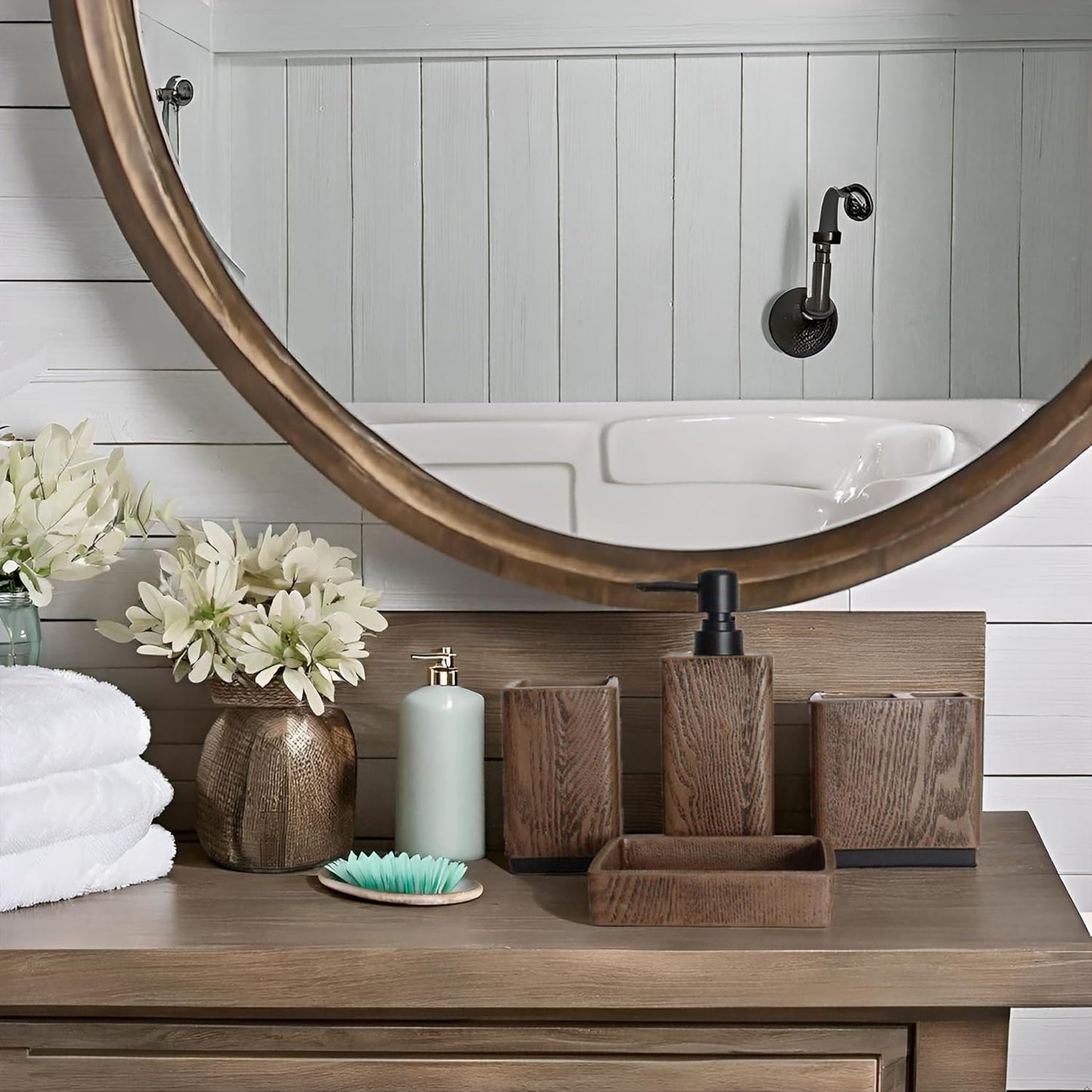 Hymmah Wood Grain Design Bathroom Accessories Set,Farmhouse Bathroom Decor,4 Pcs Resin Gift Set Apartment Necessities, Contain Cotton Swab Jar,Soap Dispenser,Tumbler，Soap Dish/Tray