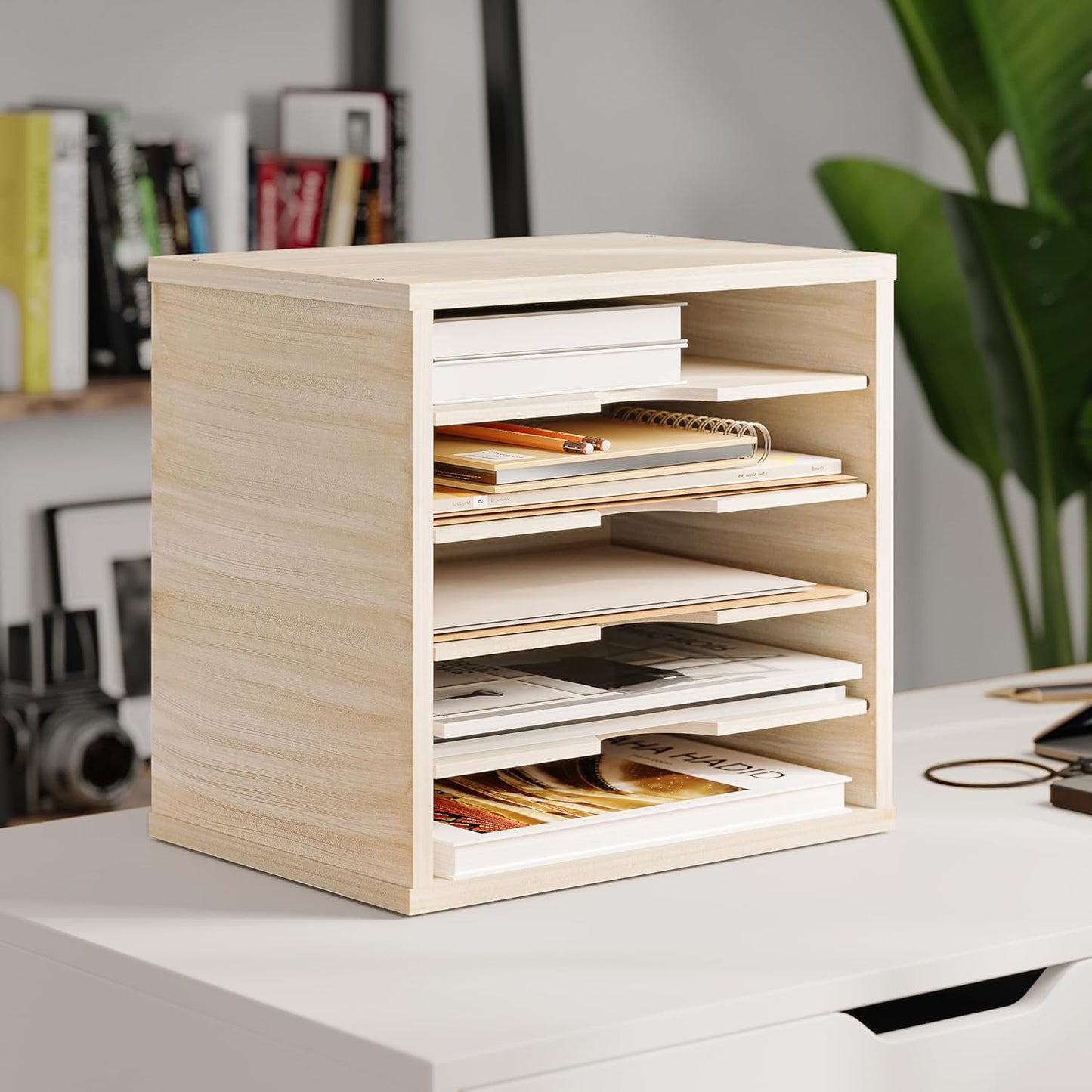 Ballucci Wood File Organizer Paper Sorter, 5 Tier Adjustable Shelves Office Desk Organizer 13 5/8" x 9 1/4" x 12", Brushed Wood