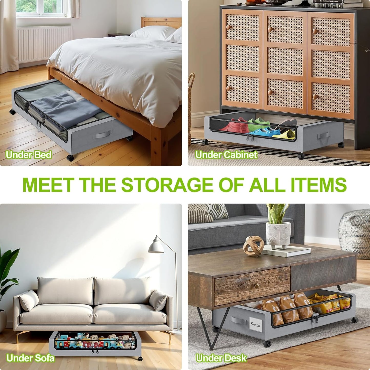 Under Bed Storage with Wheels, 2-Pack Underbed Storage Containers with Clear Lids, Under Bed Shoe Storage Organizer Bins, Rolling Under Bed Storage for Clothes Shoes Blankets (Grey)