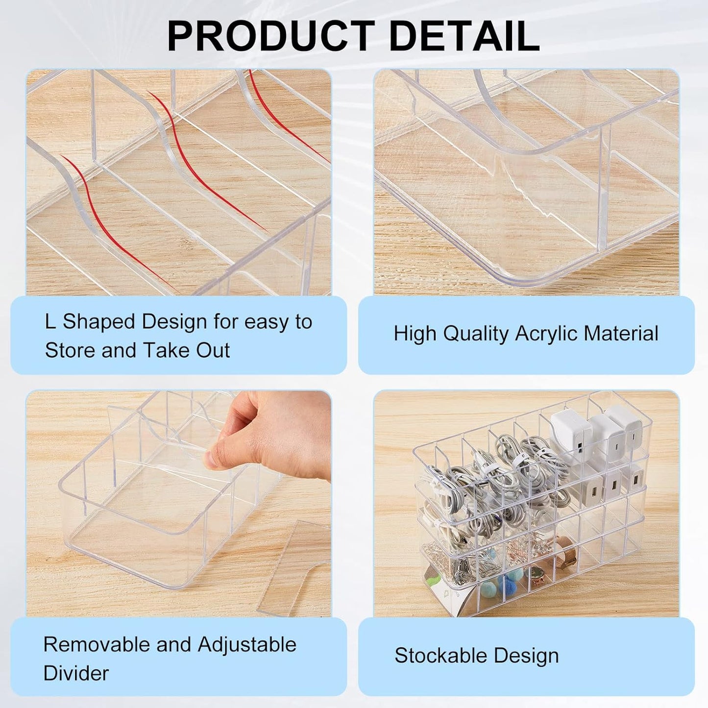 Tatuo 8 Pcs Cable Organizer with 80 Wire Ties, Plastic Cord Storage Charger Box Electronics Organizer with Adjustment Compartments Cable Storage for Drawer Home Office Desk Accessories (Clear)