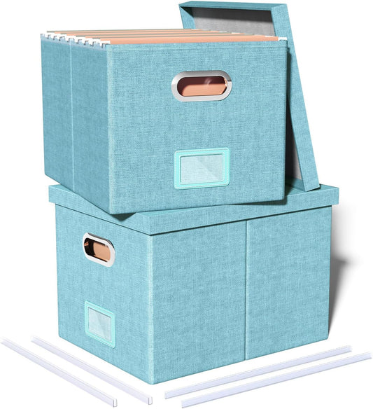 2 Pack File Storage Organizer - Portable Filing Box with Lid, Fits Letter/Legal File Folders, Light-blue