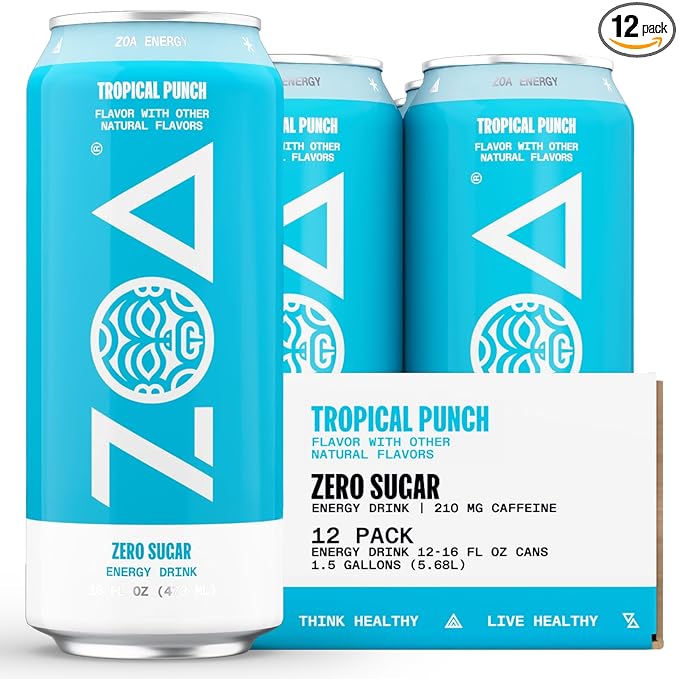 ZOA Zero Sugar Energy Drinks, Tropical Punch - Sugar Free with Electrolytes, Healthy Vitamin C, Amino Acids, Essential B-Vitamins, and Caffeine from Green Tea - 16 Fl Oz (12-Pack)