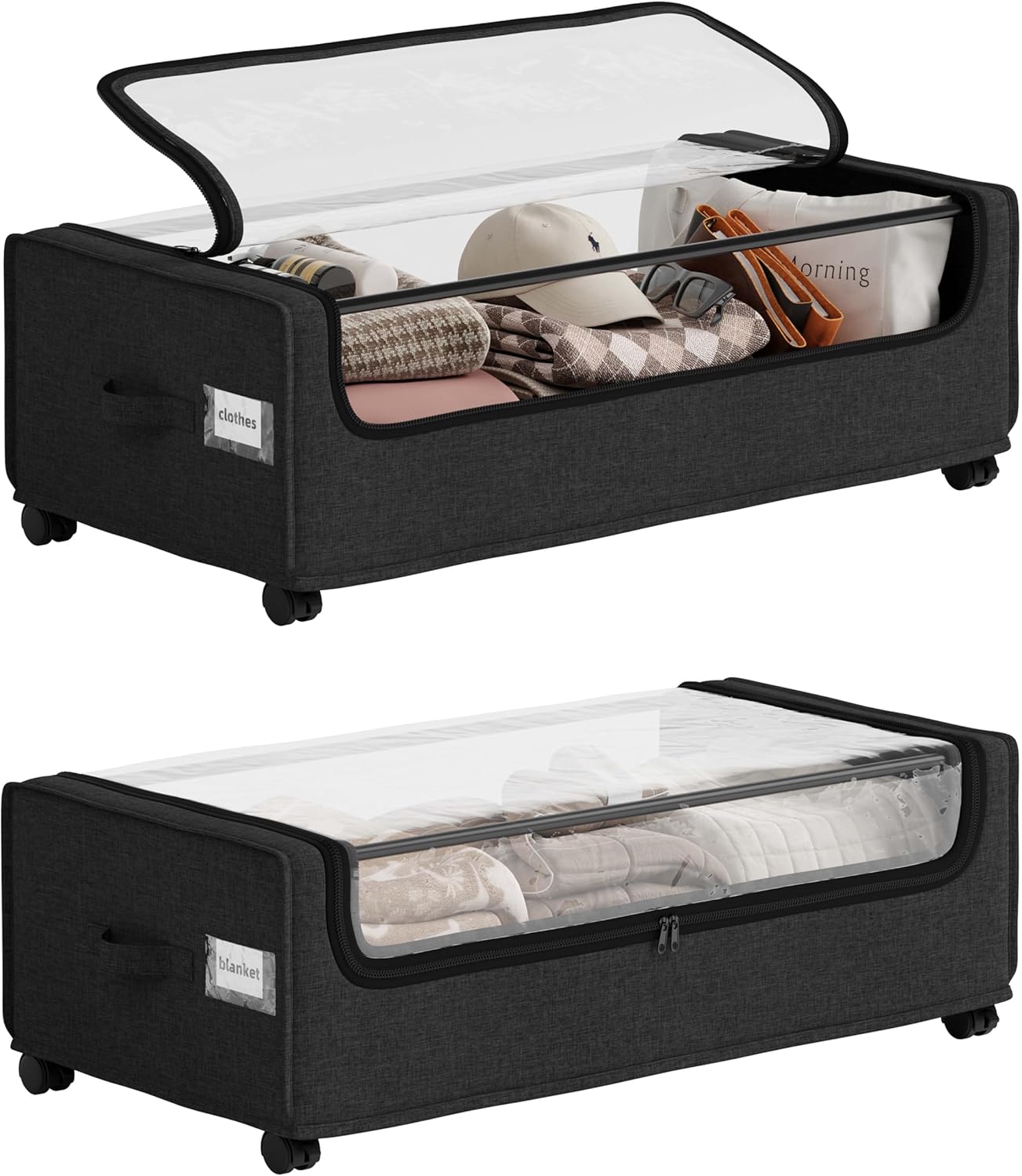 Under Bed Storage With Wheels, Tall Under The Bed Storage Containers With Lids, Underbed Shoe Storage Organizer, Metal Frame, Large Size, 90L