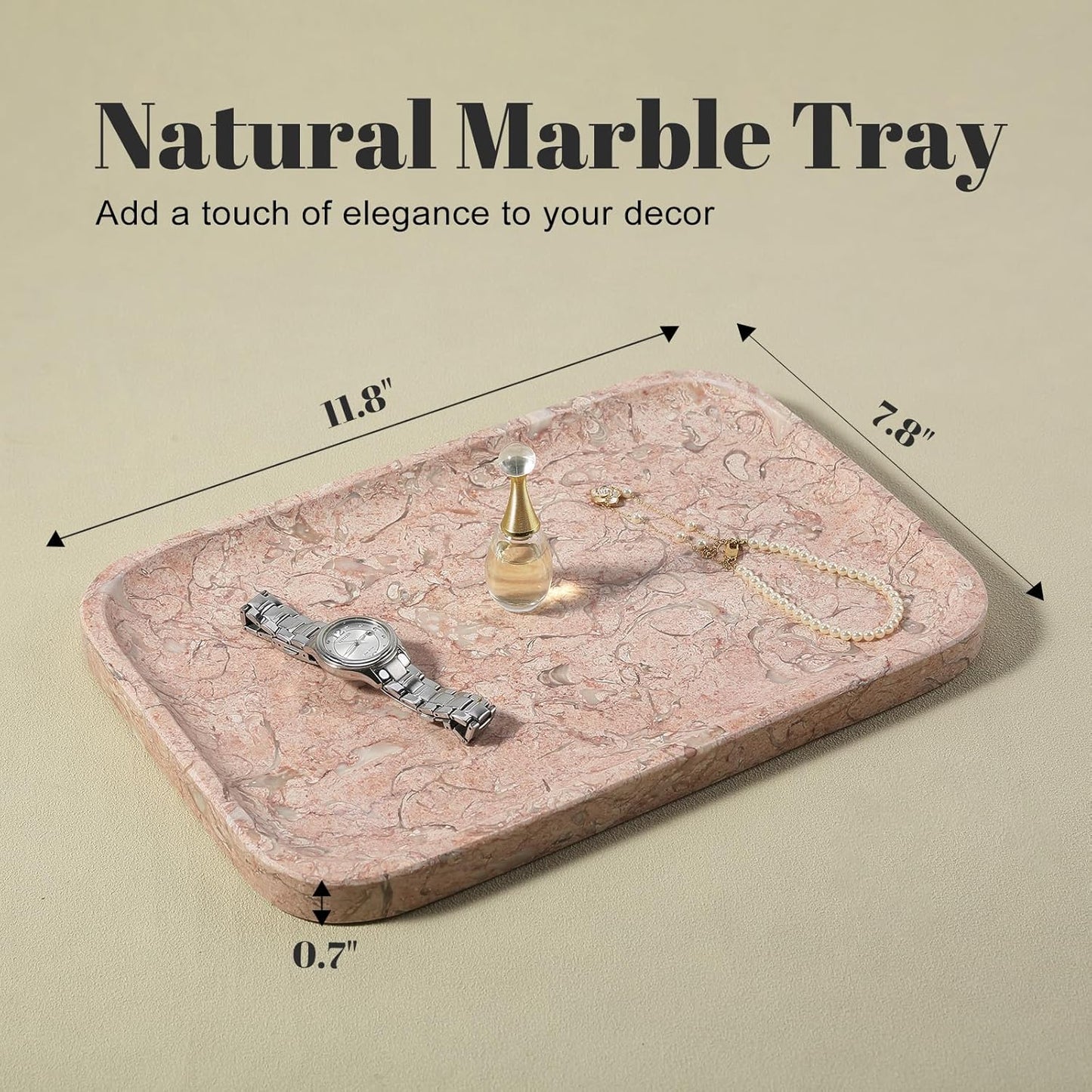 Koville Marble Tray, 12"x8" Natural Marble Vanity Tray for Countertop Bathroom Kitchen Dresser, Decorative Catchall Trays for Perfume Jewelry, Rectangular Stone Serving Tray(Pink)