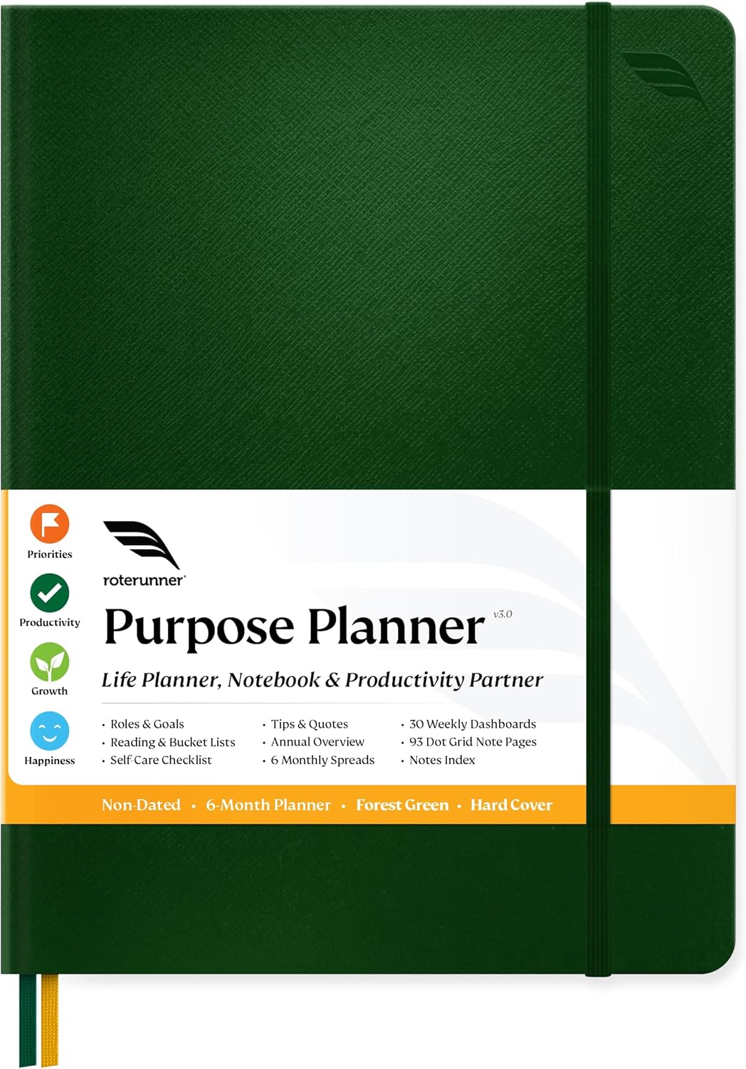 Roterunner Purpose Planner Notebook B5 7.5”x9.8” Undated 2026 Daily Weekly and Monthly Productivity Goal Setting Tool for Work Home ADHD Planner for Adults Self Care Journal
