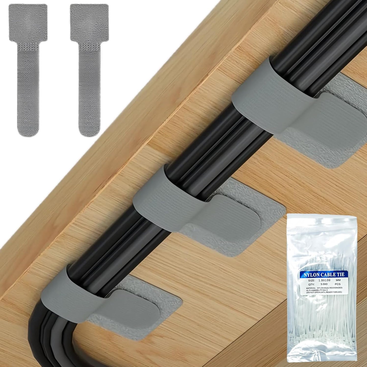 Management Kit Adhesive Hook Loop Straps, Reusable Cable Ties, Cord Org 40 pcs - for Desk/UnderDesk, Home Office, InWall, Kitchen - Wire Clips for Cords,Electronics,Appliances,PC w/100 pcs Cable Tie